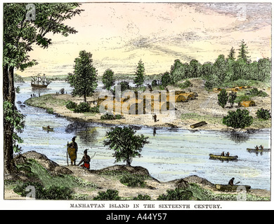 Native American longhouses on Manhattan Island in the 1500s. Hand-colored woodcut Stock Photo