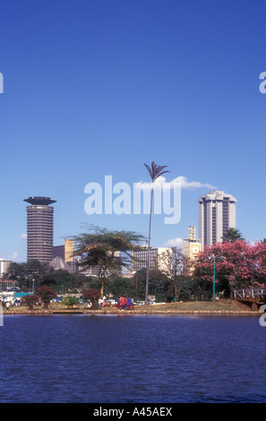 Nairobi city skyline seen from the boating lake in Uhuru Park Kenya East Africa Stock Photo