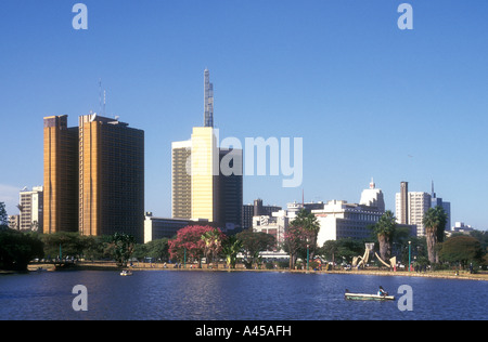 Nairobi city skyline seen from the boating lake in Uhuru Park Kenya East Africa Stock Photo