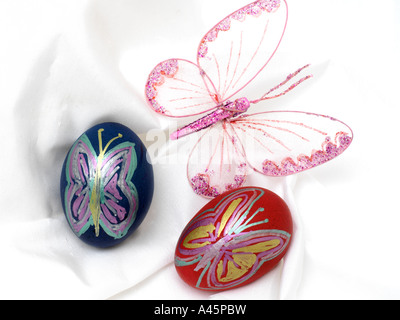 Painted Chicken Eggs and Butterfly Stock Photo