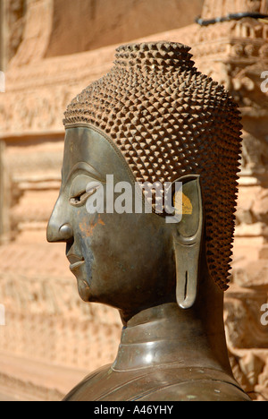 Head of a bronze buddha statue Temple museum of Art and Antiquities Haw Pha Kaew Museum Vientiane Laos Stock Photo