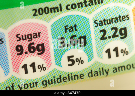 Food labeling fresh semi skimmed milk container showing details of Fat Saturates Sugar Stock Photo