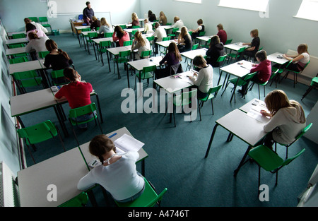 Seen from above, schoolgirls taking an exam in rows of desks Stock Photo
