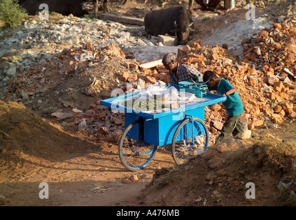 Blue hand cart pushed through a rubbish tip, Rupena Agrahara Hosur Road Area Bangalore, India Stock Photo