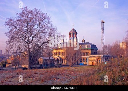 The disused Victorian Abbey Mills Sewage Pumping Station in Stratford in winter Stock Photo