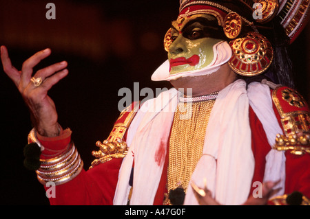 A Kathakali performer in a performance of the Mahabharata at the Kerala Kalamandalam, state academy for Kathakali, Kerala India Stock Photo