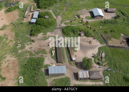 Aerial view of remote fishing village and farms on shores of Lake Albert, Northern Uganda, East Africa Stock Photo