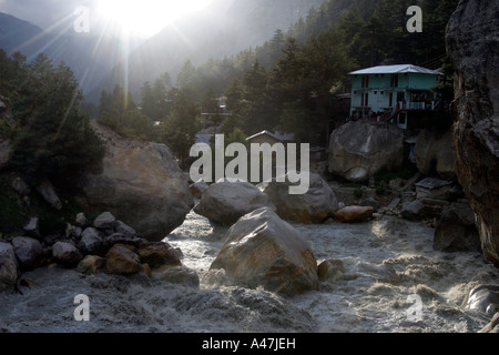 The holy river Ganges runs through Gangotri, the starting point for the pilgrimage to Gaumukh, the source of river, in India. Stock Photo