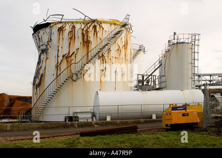 Damaged oil tank, Buncefield depot, Hemel Hempstead, Hertfordshire, UK Stock Photo