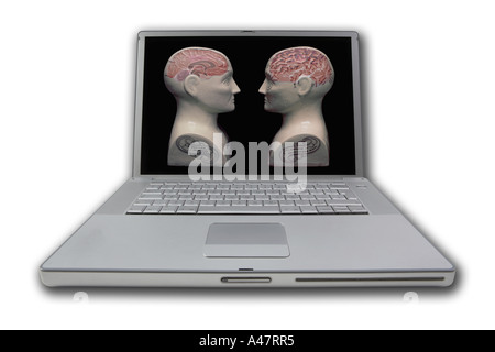 LAP TOP NOTE BOOK COMPUTER ON WHITE BACKGROUND DISPLAYING PICTURE OF TWO PHRENOLOGY HEADS Stock Photo