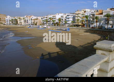 Panoramic view of the seafront & beach of  Sitges Catalonia Catalunya Cataluña Costa Dorada España Spain Europe