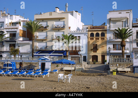 Panoramic view of the seafront & beach of  Sitges Catalonia Catalunya Cataluña Costa Dorada España Spain Europe Stock Photo