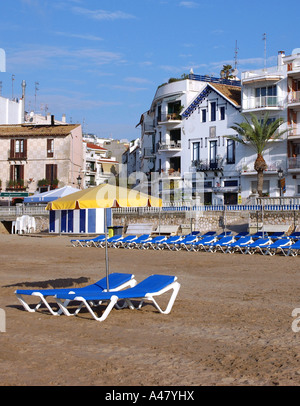 Panoramic view of the seafront & beach of  Sitges Catalonia Catalunya Cataluña Costa Dorada España Spain Europe Stock Photo