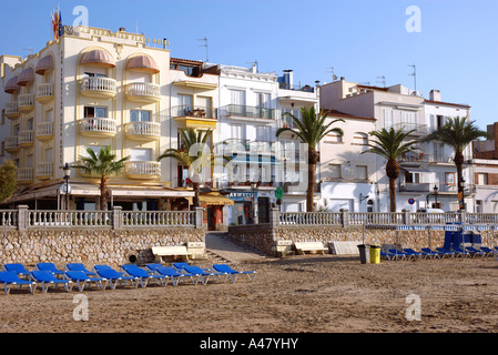 Panoramic view of the seafront & beach of  Sitges Catalonia Catalunya Cataluña Costa Dorada España Spain Europe Stock Photo