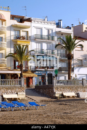 Panoramic view of the seafront & beach of  Sitges Catalonia Catalunya Cataluña Costa Dorada España Spain Europe Stock Photo