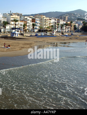 Panoramic view of the seafront & beach of  Sitges Catalonia Catalunya Cataluña Costa Dorada España Spain Europe