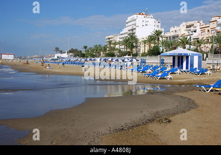 Panoramic view of the seafront & beach of  Sitges Catalonia Catalunya Cataluña Costa Dorada España Spain Europe Stock Photo