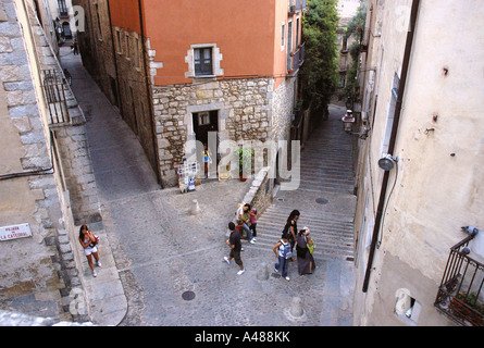 View of characteristic backstreet of old city centre Gerona Girona Catalonia Catalunya Cataluña España Spain Europe Stock Photo