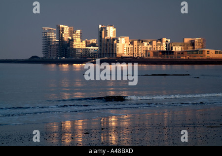 View  of the new building developments at Leith Western Harbour from Granton beach Stock Photo