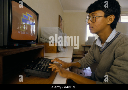 Nepalese children working on computers in a private  school in Katmandu Stock Photo