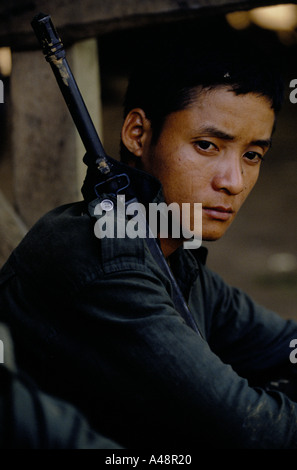 karen soldiers. a recruit newly arrived from his village. manerplaw burma 1992 Stock Photo