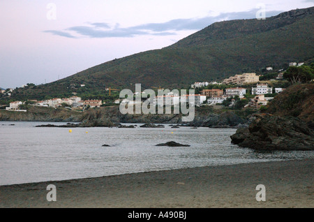 Panoramic view seafront & beach Llançà Llanca Llancà Girona Gerona Catalonia Catalunya Cataluña Costa Brava España Spain Europe Stock Photo