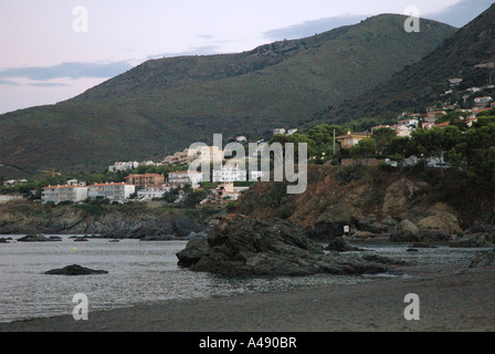 Panoramic view seafront & beach Llançà Llanca Llancà Girona Gerona Catalonia Catalunya Cataluña Costa Brava España Spain Europe Stock Photo