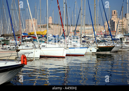 Panoramic view of seashore & Vieux Port Marseille Old Provence Southern France Europe Stock Photo