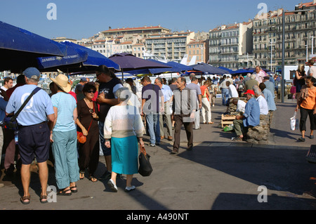 View of animated characteristic traditional fish market Vieux Old Port Marseille Provence Southern France Europe Stock Photo