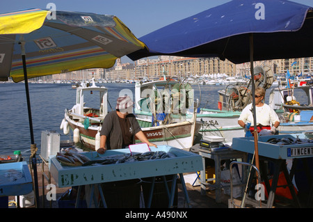 View of animated characteristic traditional fish market Vieux Old Port Marseille Provence Southern France Europe Stock Photo