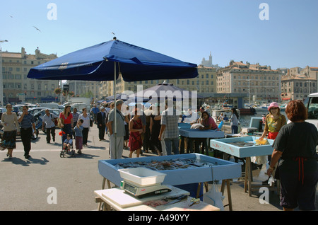 View of animated characteristic traditional fish market Vieux Old Port Marseille Provence Southern France Europe Stock Photo