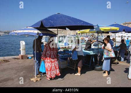 View of animated characteristic traditional fish market Vieux Old Port Marseille Provence Southern France Europe Stock Photo