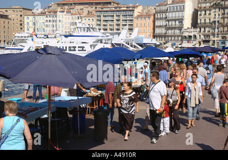 View of animated characteristic traditional fish market Vieux Old Port Marseille Provence Southern France Europe Stock Photo