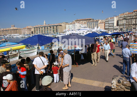 View of animated characteristic traditional fish market Vieux Old Port Marseille Provence Southern France Europe Stock Photo