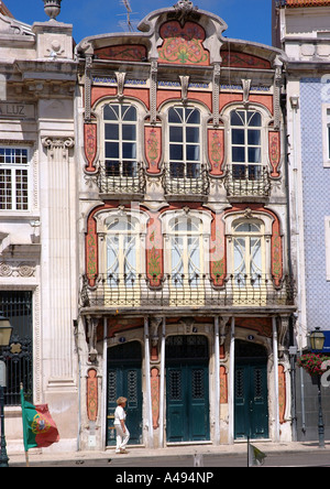 View magnificent pink building in old town centre street Aveiro Iberia Iberian Peninsula North Northern Portugal Europe Stock Photo