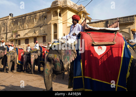 India Rajasthan Amber Fort mahouts on elephants waiting giving tourists rides to fort Stock Photo