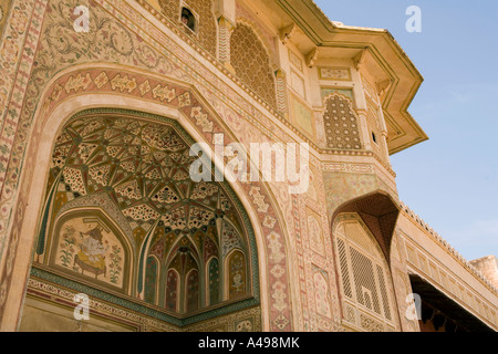 India Rajasthan Amber Fort Jai Mandir Hall of Victory carved and inlaid decoration Stock Photo