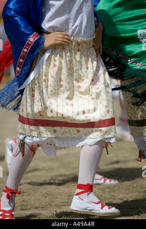 Colourful traditional costume of Basque women performing folk dances fiesta Andra Mari de Gorliz Basque Country Spain Stock Photo