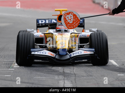 Heikki Kovalainen FIN in his Renault R27 racecar at the track on Circuit de Catalunya near Barcelona Stock Photo