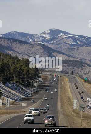 Rocky Mountains as seen from I-70 west of Denver, Colorado Stock Photo