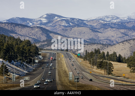 Rocky Mountains as seen from I-70 west of Denver, Colorado Stock Photo