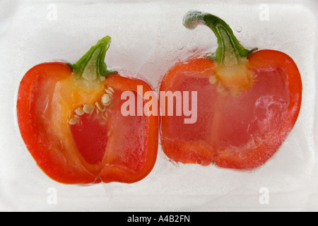 Close-up of two red pepper halves showing the inside with seeds frozen in ice Stock Photo