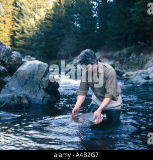 Panning for gold in a scottish river in winter Stock Photo