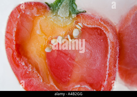 Close-up of two red pepper halves showing the inside with seeds frozen in ice Stock Photo