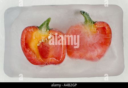 Close-up of two red pepper halves showing the inside with seeds frozen in ice Stock Photo