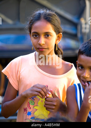 Young Mauritian girl of 10 years with 7 year old brother in 'Rose Hill', 'Mauritius' Stock Photo