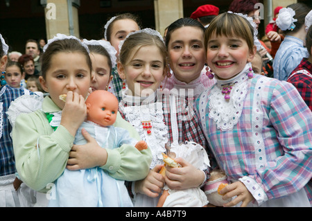 Girls in costume with dolls , Shepherds and Nursemaids parade, Parte Viaje Donostia San Sebastian, Basque Country. Stock Photo
