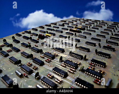 Microprocessor chips on computer circuit board on angle aimed at sky Stock Photo
