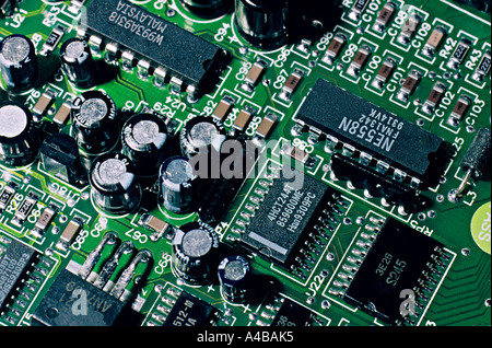 Components on computer printed circuit board Stock Photo