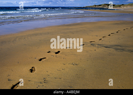 Line of footprints on beach Count Galway western Ireland Stock Photo